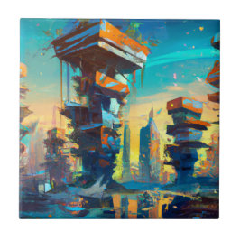 Futuristiska Dystopian City, AI-genererad målning Kakelplatta
