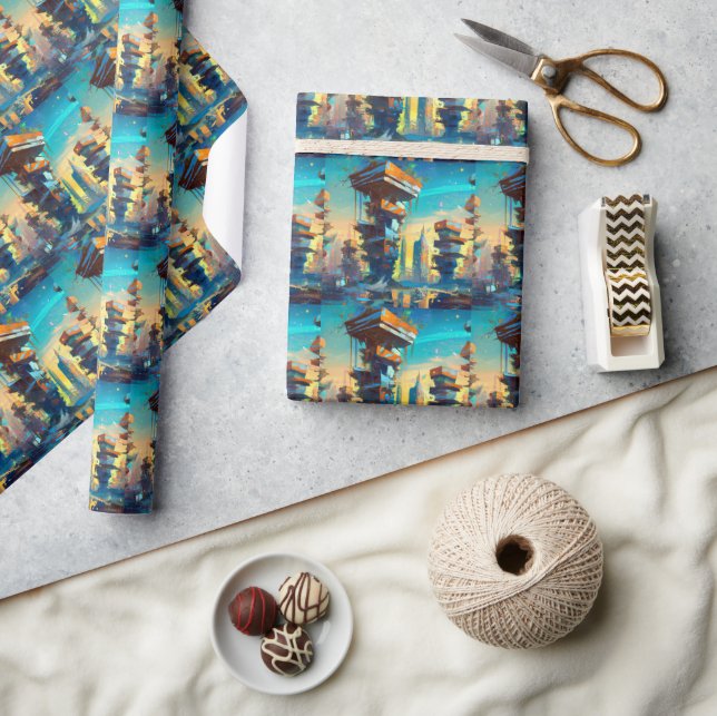 Futuristiska Dystopian City, AI-genererad målning Presentpapper (Hantverk)