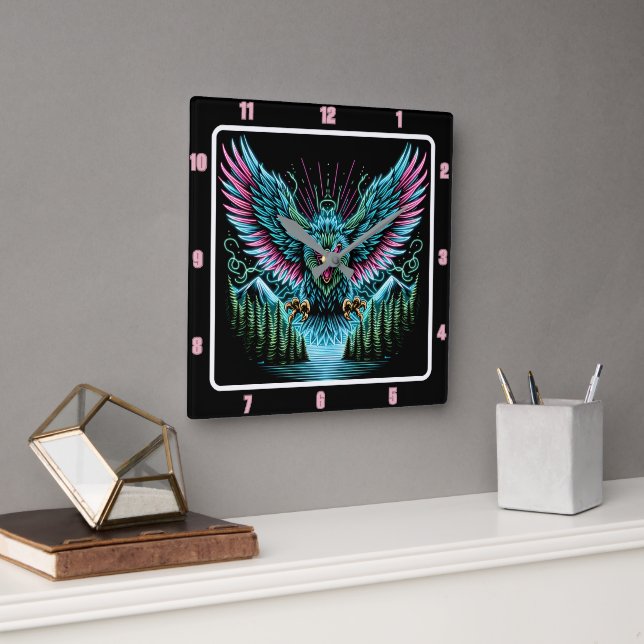 Futuristiska Falcon Neon Illusion Effects Fyrkantig Klocka (Kontor)