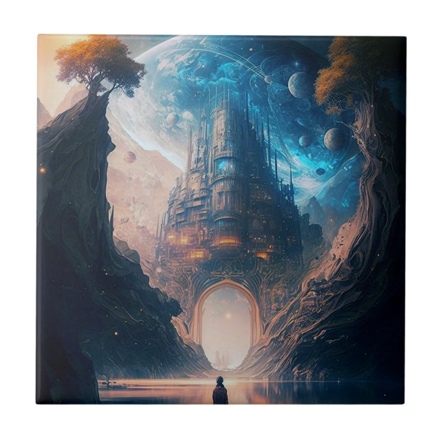 Futuristiska Fantasy Castle Ligcape Ceramic Tile Kakelplatta (Framsidan)
