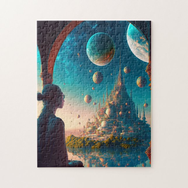Futuristiska Fantasy Castle Ligcape Jigszle Puzzle Pussel (Vertikal)