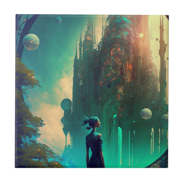 Futuristiska Fantasy Castle liggande Kakelplatta (Framsidan)