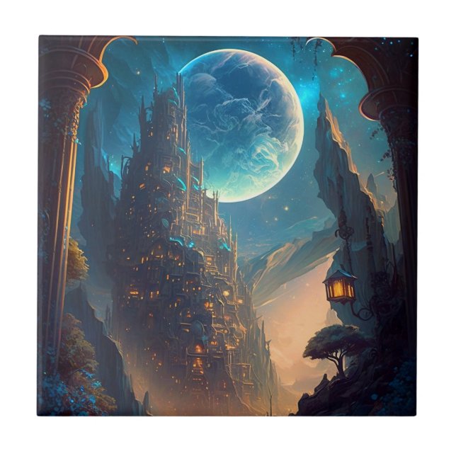Futuristiska Fantasy Castle liggande Kakelplatta (Framsidan)
