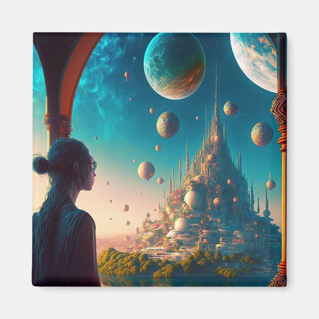Futuristiska Fantasy Castle liggande magnet (Framsidan)