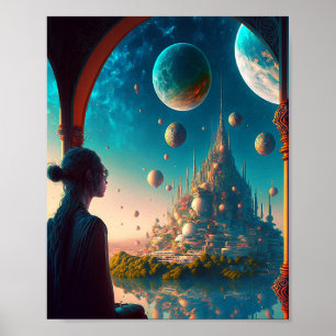 Futuristiska Fantasy Castle liggande Poster