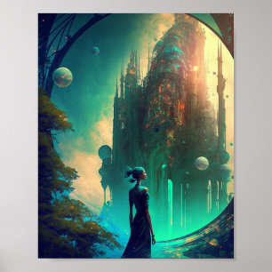 Futuristiska Fantasy Castle liggande Poster