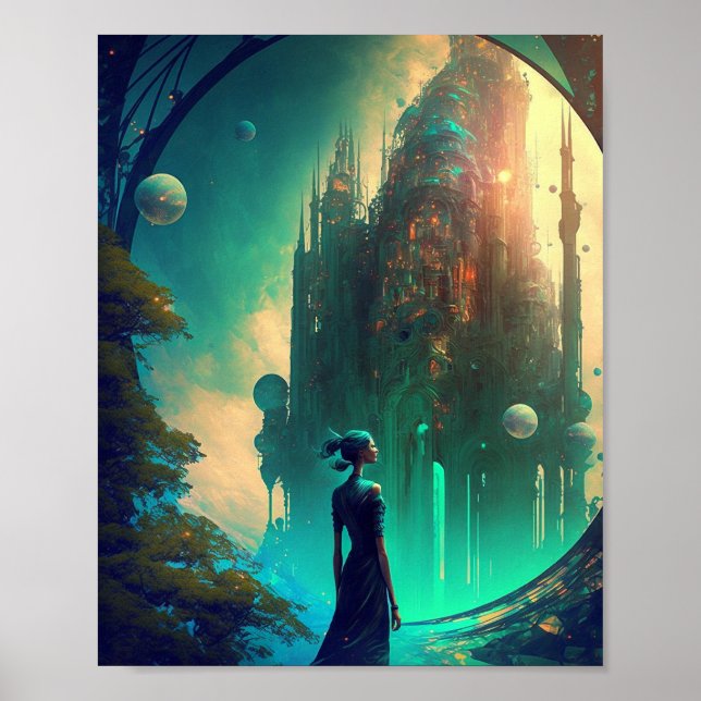 Futuristiska Fantasy Castle liggande Poster (Framsidan)