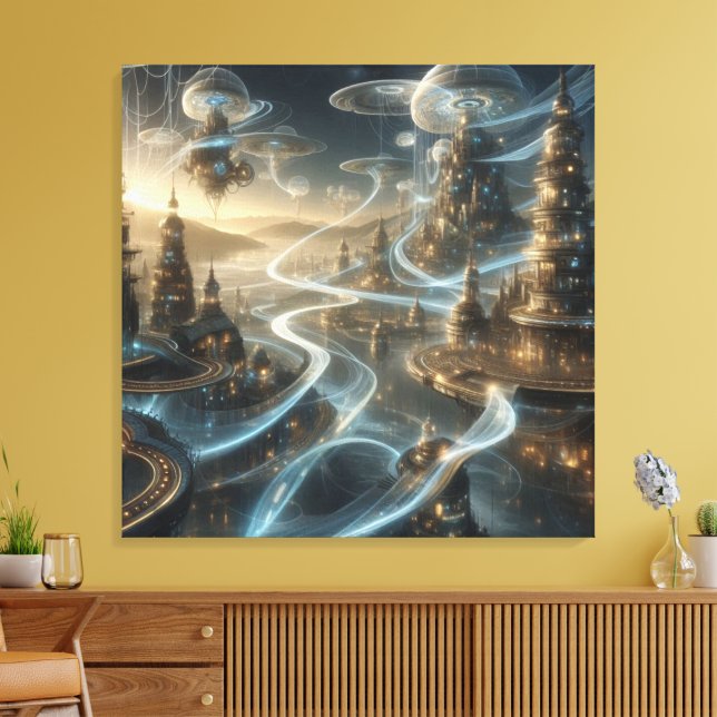 Futuristiska Fantasy Space City Streams Canvastryck (Insitu (Vardagsrum))