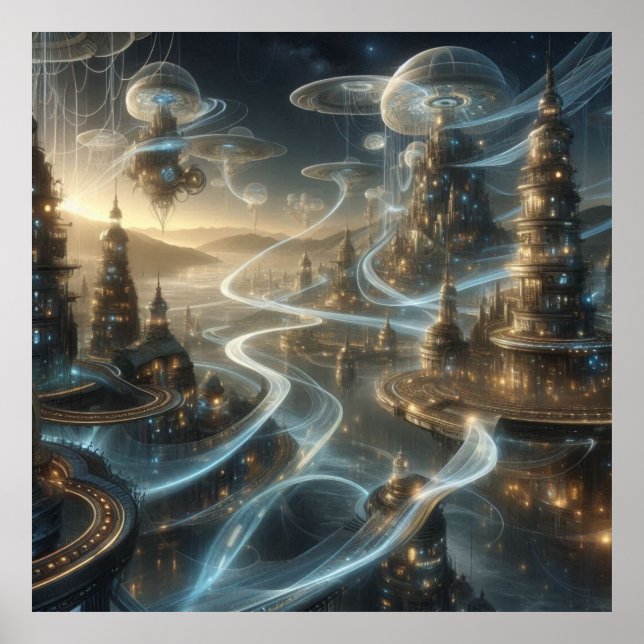 Futuristiska Fantasy Space City Streams Poster (Framsidan)