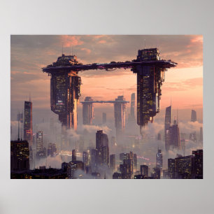 Futuristiska flytande megastrukturer ovanför stade poster