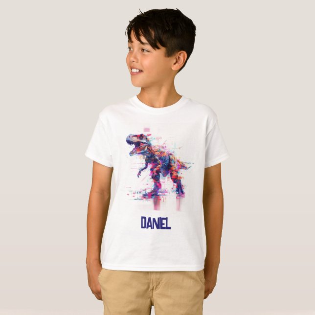 Futuristiska Glitch T-Rex dosinosaur med Kids Namn T Shirt (Hel framsida)