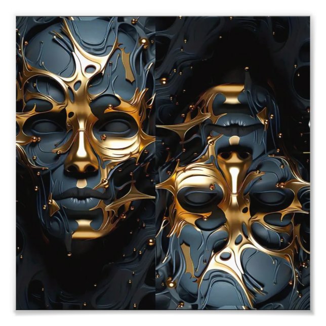 Futuristiska Guld & Black Abstrakt Ansikte Art Fototryck (Framsidan)