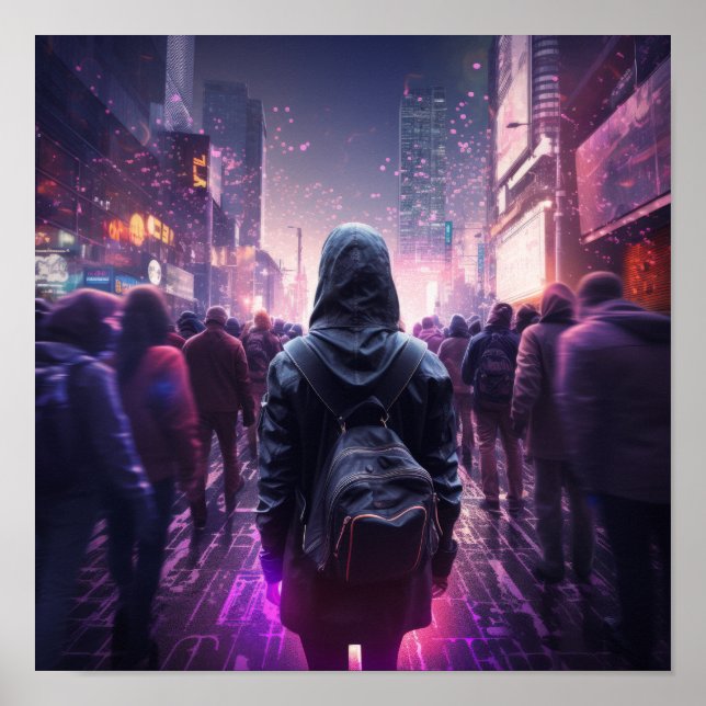 Futuristiska Hooded Female Cyberpunk Poster - A Vi (Framsidan)