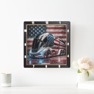 Futuristiska Lastbil Patriotic American Flagga Fyrkantig Klocka