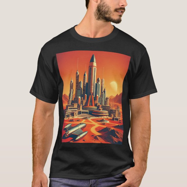 Futuristiska Martian City in Warm  and Coola Blue T Shirt (Framsida)
