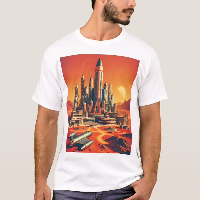 Futuristiska Martian City in Warm  and Coola Blue T Shirt (Framsida)