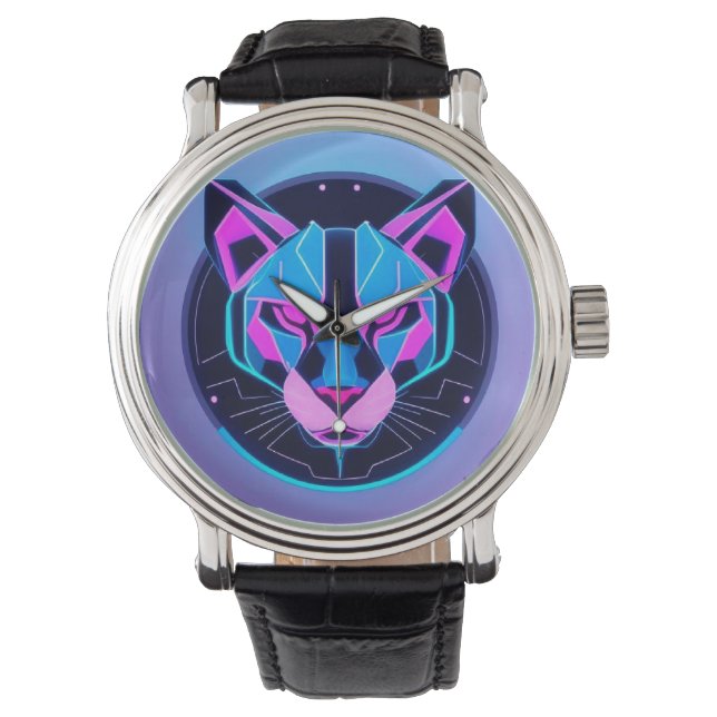 Futuristiska Neon panther Ansikte i Geometric Art Armbandsur (Framsida)