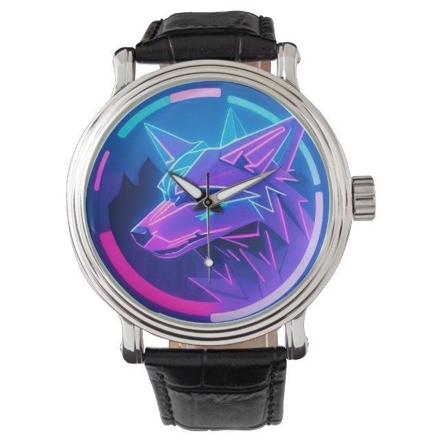 Futuristiska Neon Varg Ansikte i Geometric Art Armbandsur (Framsida)