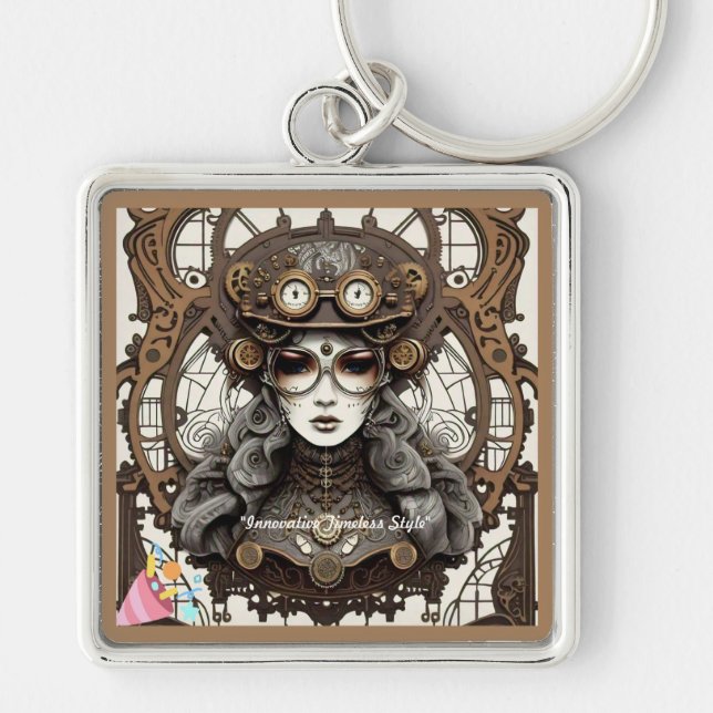 "Futuristiska Nostalgia" Fyrkantig Silverfärgad Nyckelring (Framsidan)