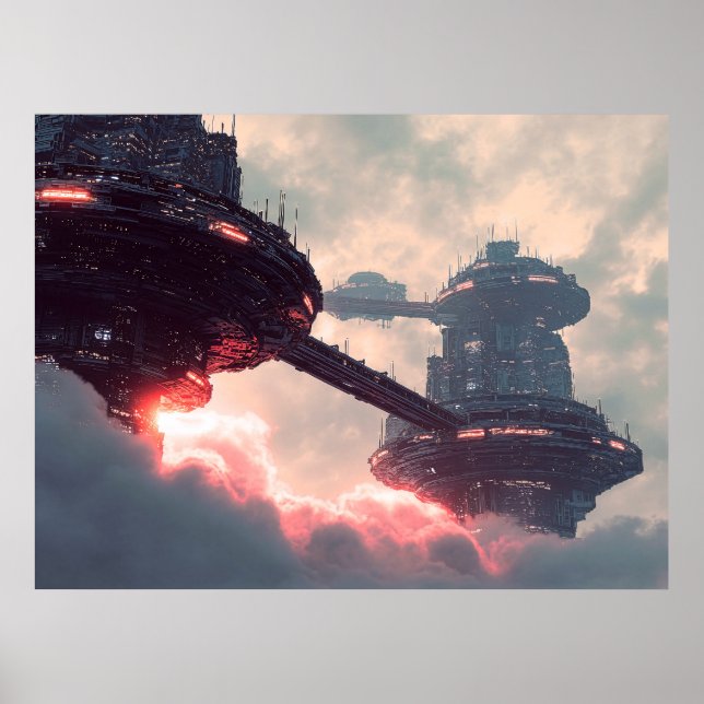 Futuristiska plattformar i molnen vid skymning poster (Framsidan)