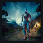 Futuristiska Robot i det antika landskapet Poster<br><div class="desc">En human robot står på en väg under ett himmel,  omgivet av lush träd. En liten pyramidstruktur med en glödande ingång visas i bakgrunden.</div>