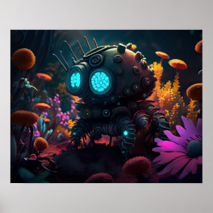 Futuristiska Robot, omgiven av blommor Poster