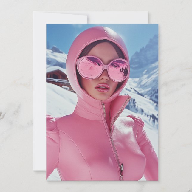 Futuristiska Rosa Ski Mode - Snyggt Winter Glam Inbjudningar (Framsida)