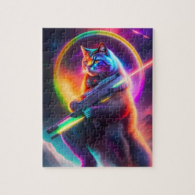 Futuristiska Sci-Fi Warrior Neon Cat med laser. Ka Pussel (Vertikal)