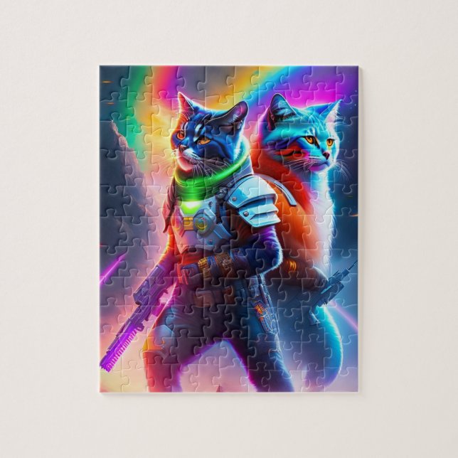 Futuristiska Sci-Fi Warrior Neon Cats med lasersky Pussel (Vertikal)