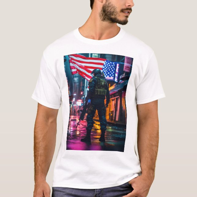 futuristiska soldat American flagga bild man T Shirt (Framsida)
