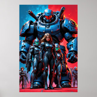 Futuristiska soldater och bepansrad robot i en vet poster