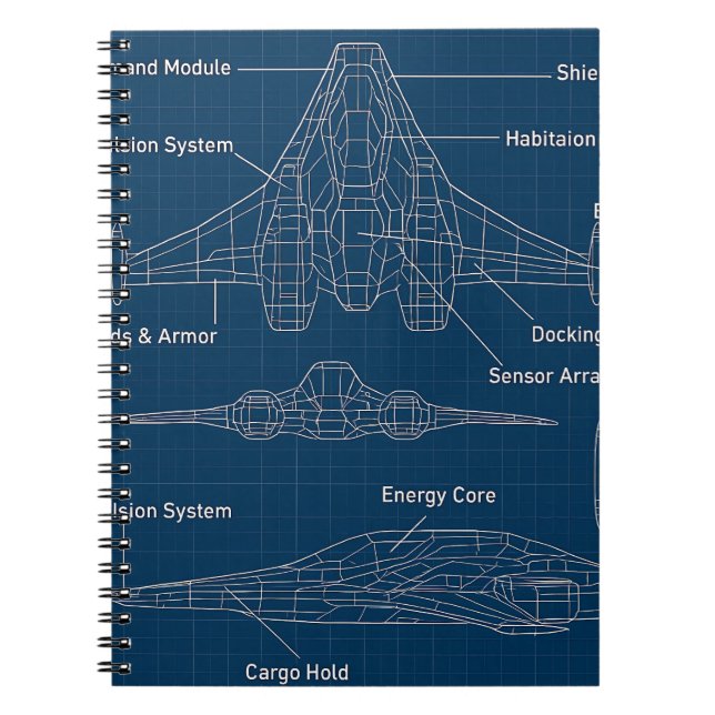 "Futuristiska Spacecraft Blueprint Art" Anteckningsbok (Framsidan)