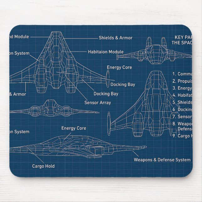 "Futuristiska Spacecraft Blueprint Art" Musmatta (Framsidan)