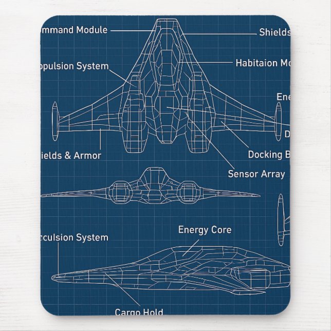 "Futuristiska Spacecraft Blueprint Art" Musmatta (Framsidan)