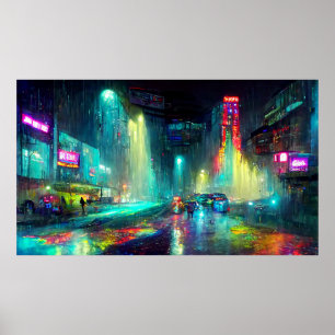 Futuristiska Stadslandskap med byggnad, människor Poster