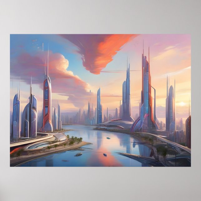 Futuristiska Sunset: Vibrant Technological Citysca Poster (Framsidan)