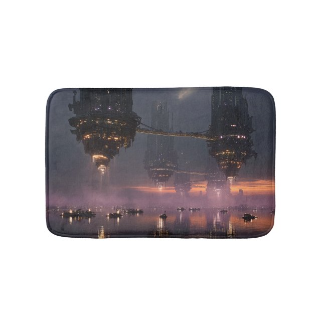 Futuristiska torn flyter ovanför hamn badrumsmatta (Framsidan)