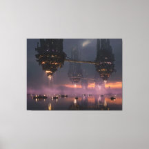 Futuristiska torn flyter ovanför hamn