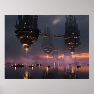Futuristiska torn flyter ovanför hamn poster