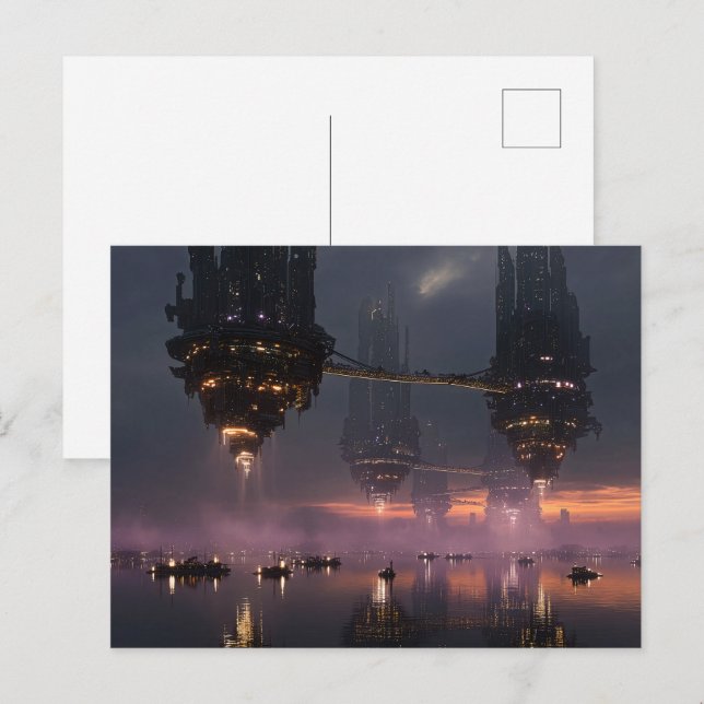 Futuristiska torn flyter ovanför hamnen vykort (Fram/baksida)