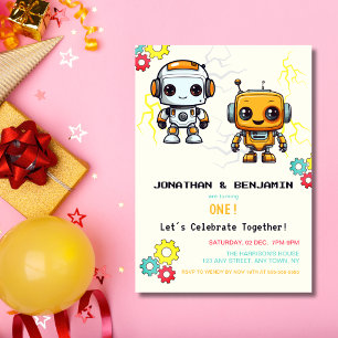 Futuristiskan Joint Twin Boys Birthday Cute Robots Inbjudningar