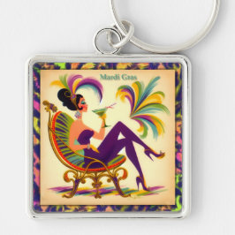 Futuristiskan Mardi Gras Martini Woman i mitten av Fyrkantig Silverfärgad Nyckelring