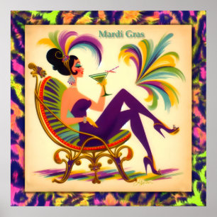 Futuristiskan Mardi Gras Martini Woman i mitten av Poster