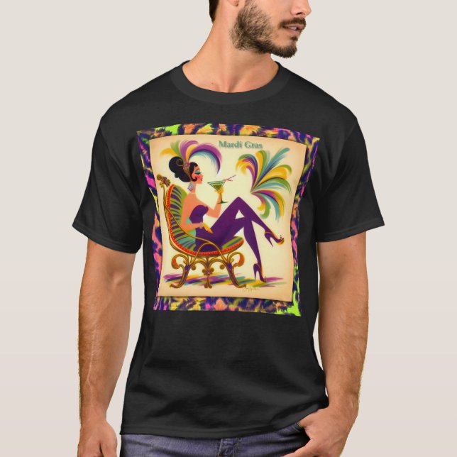 Futuristiskan Mardi Gras Martini Woman i mitten av T Shirt (Framsida)