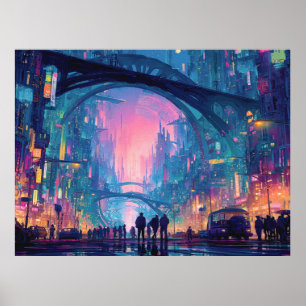 Futuristiskt cyberpunk-stadspanorama med lysande v poster