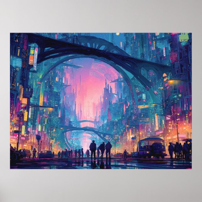 Futuristiskt cyberpunk-stadspanorama med lysande v poster (Framsidan)