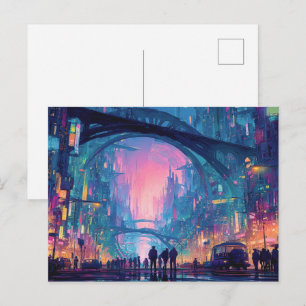 Futuristiskt cyberpunk-stadspanorama med lysande v vykort