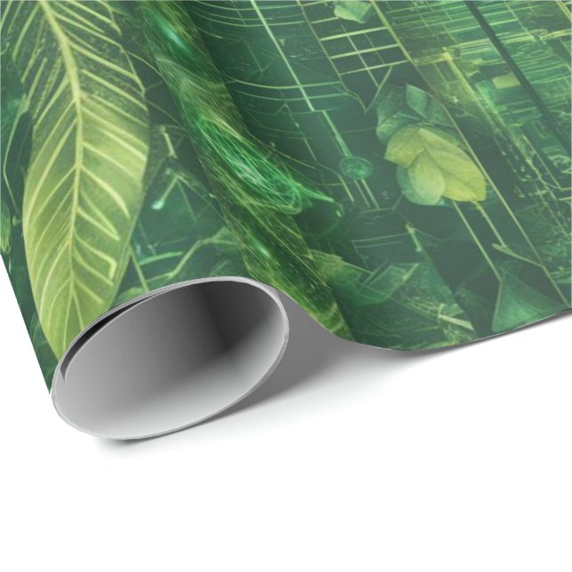 Futuristiskt grönt lövrikt mönster presentpapper (Rullad Hörn)