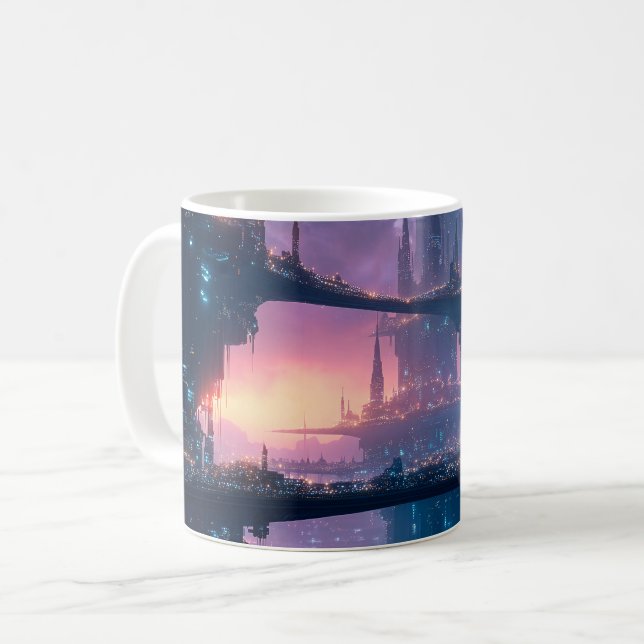 Futuristiskt stadslandskap i skymningen kaffemugg (Framsida vänster)