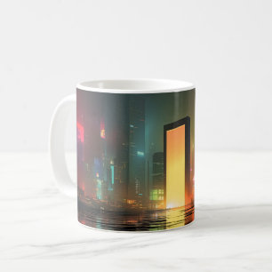 Futuristiskt stadslandskap med neonreflektioner kaffemugg